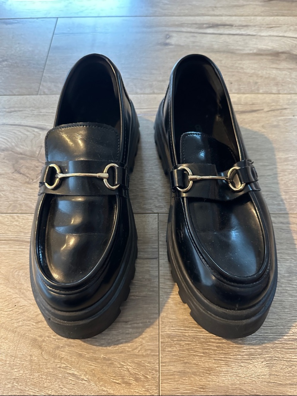 ASOS Black Leather Slip-On Loafers with Gold Horsebit.